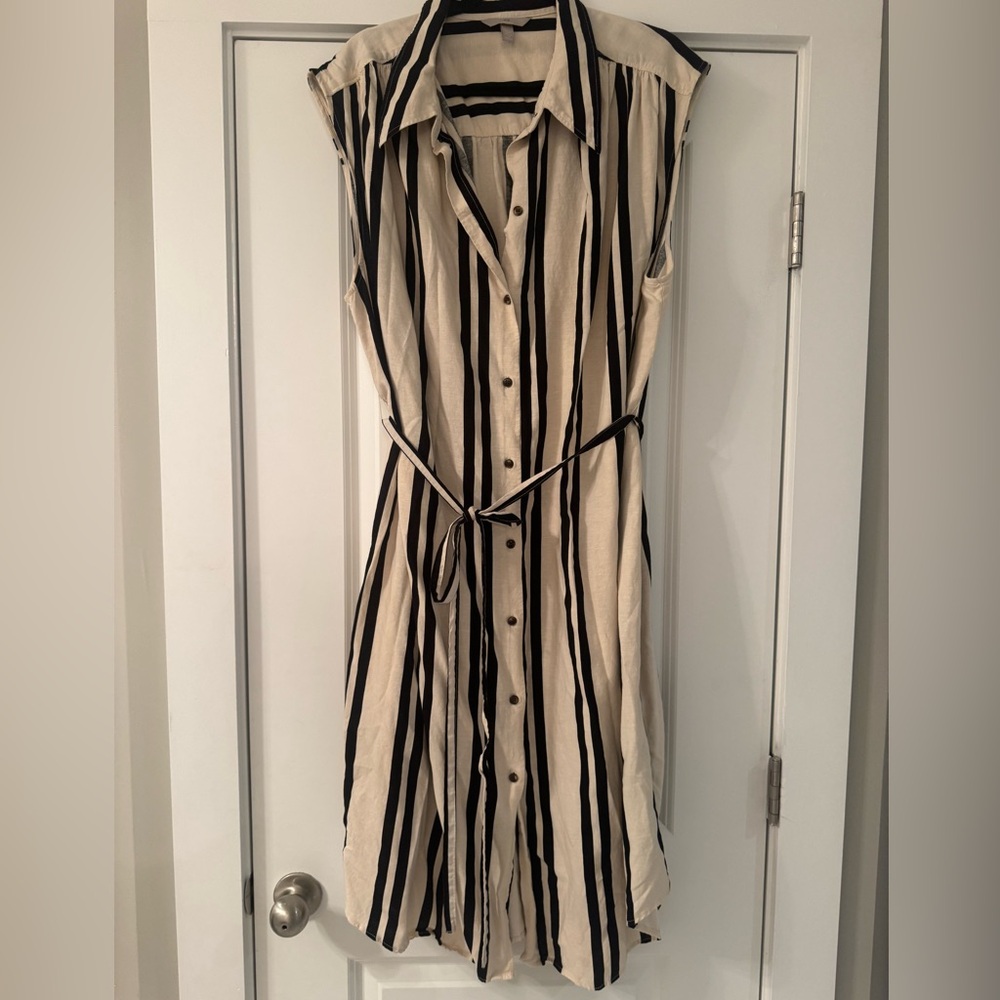 Striped Black and Cream Sleeveless Midi Linen Dress